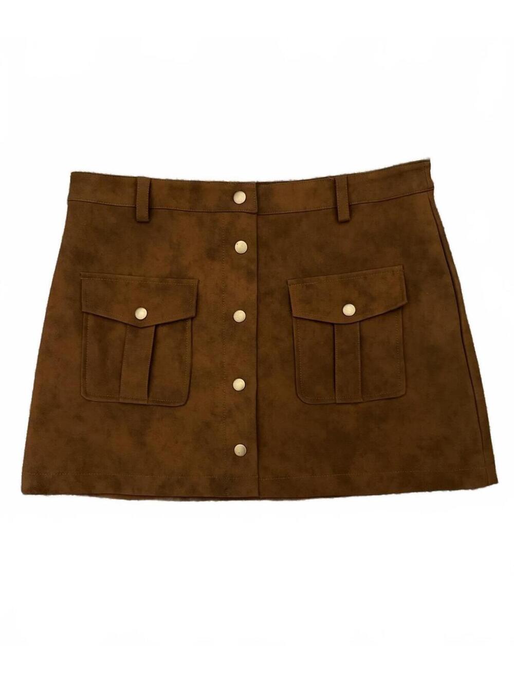 NEW En Saison Mini Faux Leather Skirt Size Large Brown Cargo Utility Mob Wife